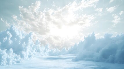A pristine arctic scene with crystalline ice formations and a pale, serene sky overhead