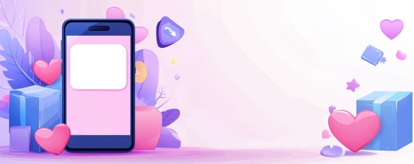 A colorful digital illustration featuring a smartphone surrounded by hearts, gifts, and playful decorations, ideal for a romantic or festive theme.