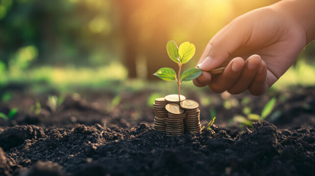 A hand adds a coin to money stacks to nurture a small plant, symbolizing financial growth and investment.