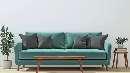 Modern living room setup with turquoise sofa indoor plants minimalist design bright environment wide angle view