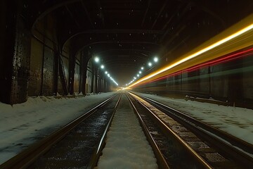 Obraz premium A Long Exposure Photograph of a Train Traversing a Dark Tunnel