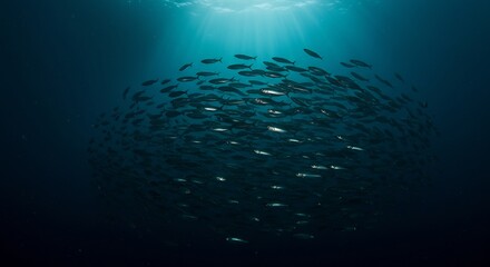 Deep ocean school of fish dramatic light. AI Generated