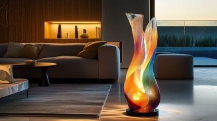 Elegant modern living room with colorful artistic glass sculpture at sunset