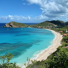 Fototapeta premium Ascencion Day (Saint Barthelemy) Sunny caribbean beach with clear blue water and lush hills