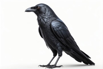 Fototapeta premium A majestic black raven, isolated on a white background, shown in profile view, showcasing its dark plumage and sharp beak.