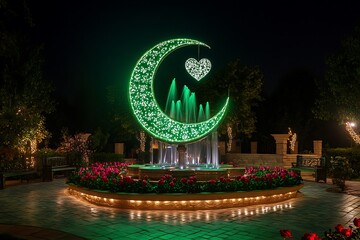 Glowing Crescent Fountain with Roses for Independence Day