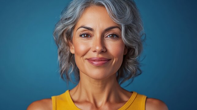 Woman with gray hair is smiling and looking at the camera