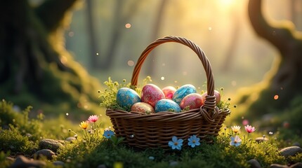 Wicker basket of shimmering colorful Easter eggs on a lush forest floor. Sunlight filters through trees, illuminating fireflies and wildflowers in the blurred background. Space for greeting text.