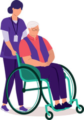 Female Nurse Pushing A Disabled Elderly Man In Wheelchair.