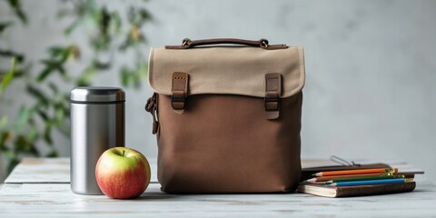 National Brown-Bag It Day Brown leather bag with thermos and apple on white wooden table