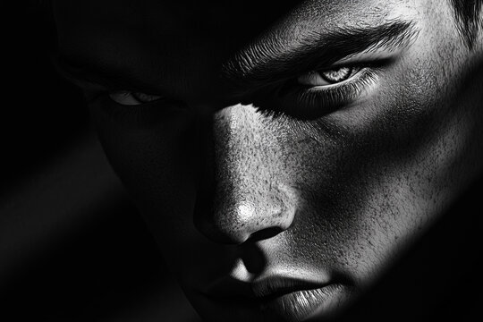 A noir close-up of a beautiful man face with dramatic light and shadow