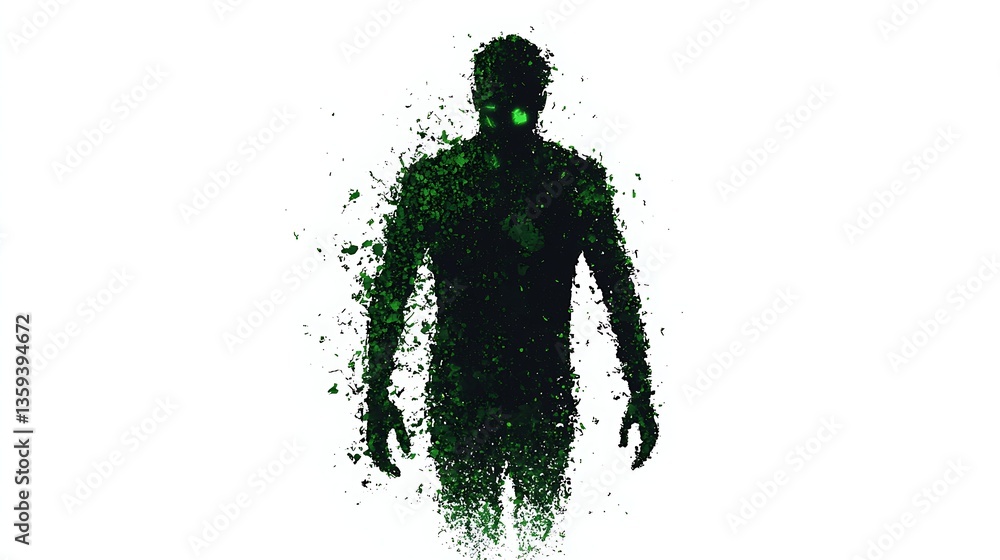Poster a silhouette of a figure dissolving into green particles against a white background, evoking themes 