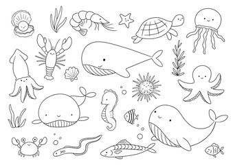 Cute smiling sea animals doodle illustrations set for children. Vector nautical colorless drawings for coloring book