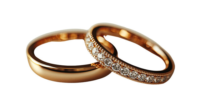 Forever Bond: Two gold wedding bands, one adorned with sparkling diamonds, symbolizing everlasting love, commitment, and the promise of a shared future.