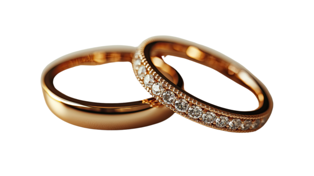 Forever Bond: Two gold wedding bands, one adorned with sparkling diamonds, symbolizing everlasting love, commitment, and the promise of a shared future.
