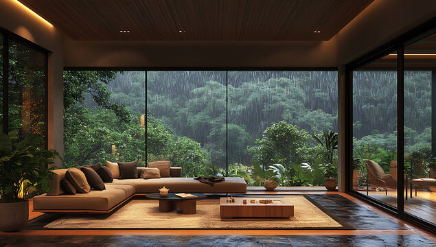 Fototapeta Contemporary living room with expansive windows showcasing lush forest scenery on a rainy day.