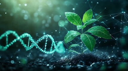 Biotechnology Concept with Plant and DNA Helix, A young plant growing with a digital DNA helix overlay, symbolizing biotechnology