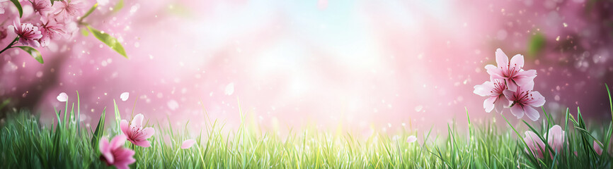 Fototapeta premium Spring pink flowers on green grass