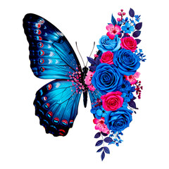 Blue Butterfly Wing with Black and Red Patterns Merging into Blue and Pink Roses
