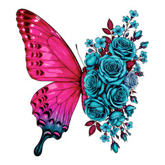 Pink and Teal Gradient Butterfly Wing Merging into Teal Roses with Red Leaf Accents 