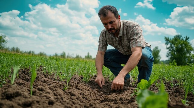 A man crouches down to examine soil quality on his land, showcasing agricultural practices and a connection to nature under a bright sky