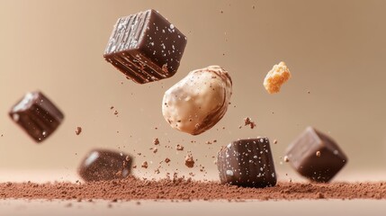 Chocolate bar is flying through the air, surrounded by other chocolate pieces