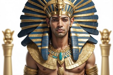 A young man in a pharaoh costume, serious expression, gold jewelry, headdress, pillars.