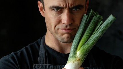 A man holds a leek with a serious expression, conveying determination and focus in a dramatic lighting setting