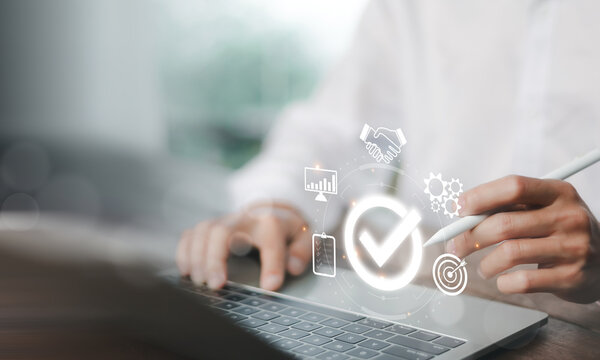 Hand shows sign of top service Quality assurance, Guarantee, Standards, ISO certification and standardization concept, satisfaction, service experience, show the standards of products and services.	
