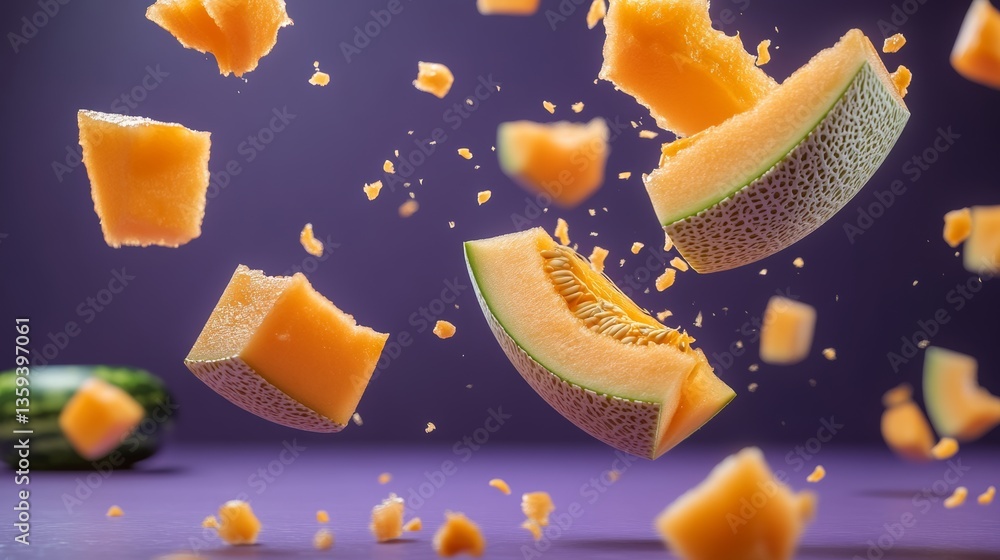 Poster close up of a melon with a slice missing