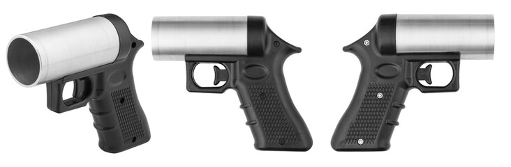 Black signal Flare gun isolated on white background in case of travel emergencies or distress. Signal Flare gun with modern design and various angles of handgun with emphasis on safety and defense.