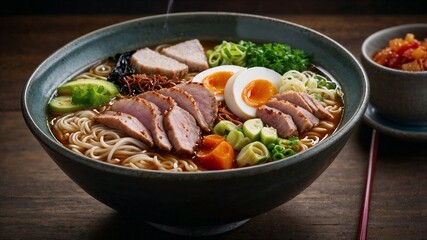 Thai food. noodle spicy soup with meat, egg, vegetable