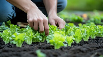A person is planting lettuce in neat rows during a cloudy day, showcasing the care and attention given to the garden