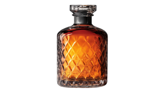 Elegant Decanter: A sophisticated and beautifully crafted decanter filled with a rich amber liquid. Its diamond-patterned exterior catches the light, hinting at the quality and exquisite taste within.