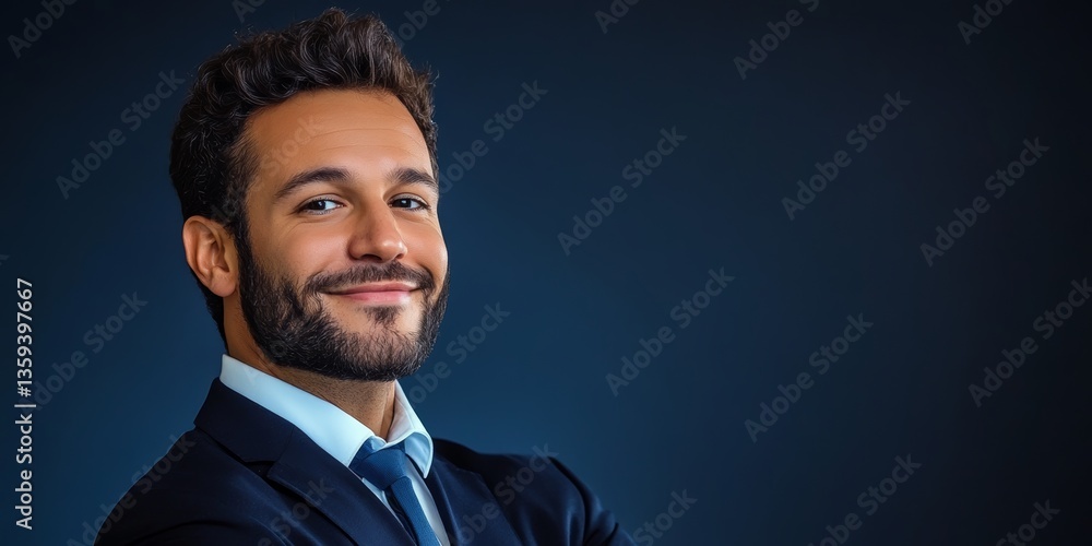 Poster man in a suit and tie is smiling and looking at the camera