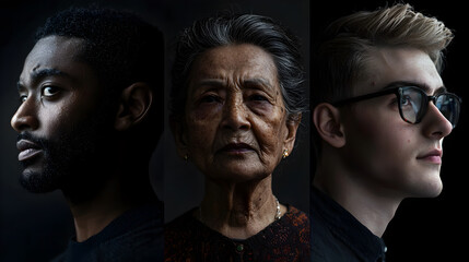 Studio portrait of African American man, elderly Southeast Asian woman and young Caucasian man in dramatic lighting. diversity, identity and heritage concepts. Multiracial, different ethnicity.