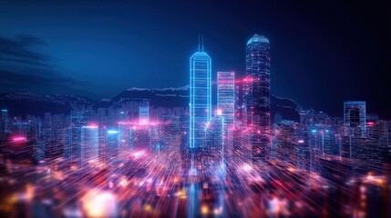 Fototapeta premium Neon Cyberpunk Cityscape at Night with Towering Skyscrapers 
