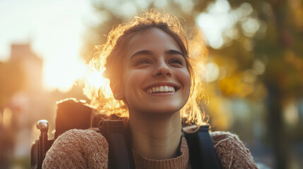 A smiling young woman with curly hair, wearing a backpack, enjoys the sunlight outdoors during a golden hour.