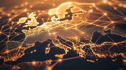 European continent network map, glowing golden lines connecting cities and countries.  Complex digital illustration of European interconnectedness, highlighting data flow and communication