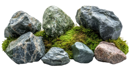 Stone Harmony: A collection of stones, varying in color and texture, artfully arranged amidst a bed of vibrant green moss, exuding an aura of natural balance and rugged beauty.
