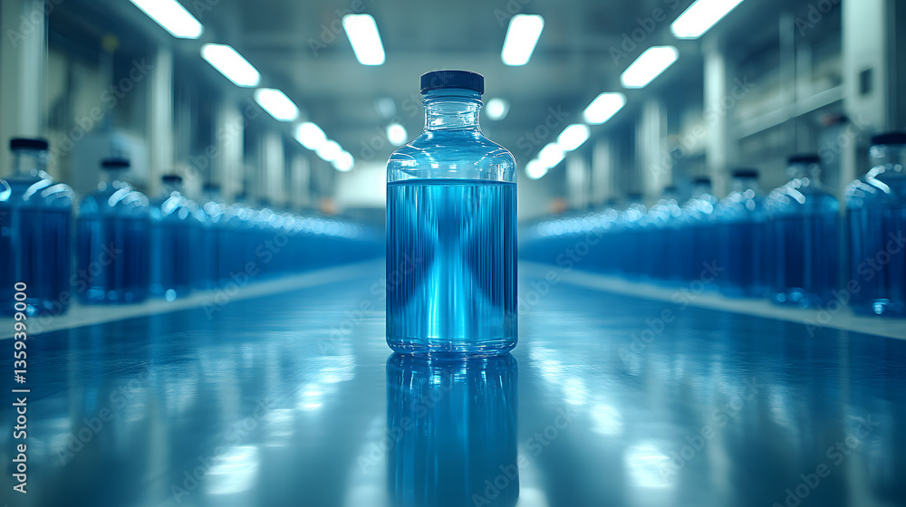 Poster bottled production line: a mesmerizing perspective of a production line filled with rows of blue-liq