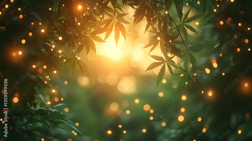 Poster enchanted sunlight: a vibrant capture of sunlight streaming through the leaves, accompanied by an ar