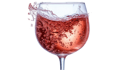 Red liquid wine splashes into a clear glass, an isolated alcoholic beverage