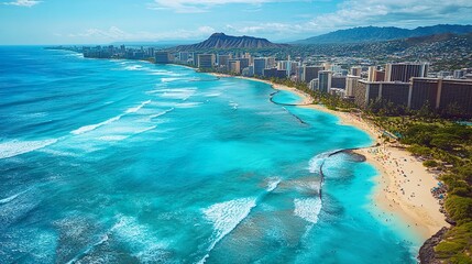 Aerial perspective showcasing a bustling cityscape along a pristine beach, turquoise ocean waves breaking against rugged rocky formations, bright natural light enhancing the vibrant coastal scene.  