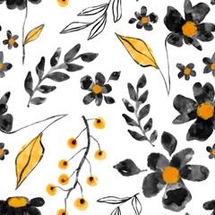 Abstract Digital Painting Watercolor Flowers Leaves and Branches Seamless Pattern with Isolated Background