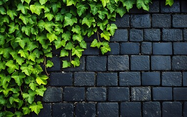 Lush Green Ivy on Dark Stone Brick Wall Background