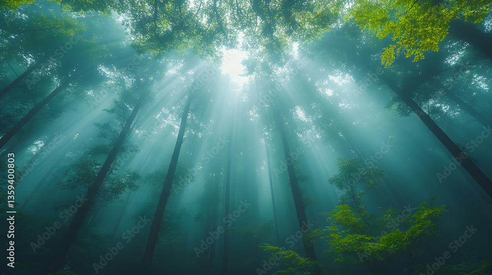 Poster mystical forest canopy: sunlight streams through a dense forest canopy, creating an ethereal atmosph