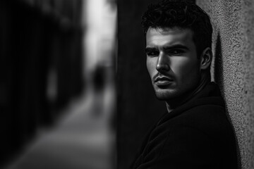 Suspicious man in dark alley waiting for something, vintage noir movie scene