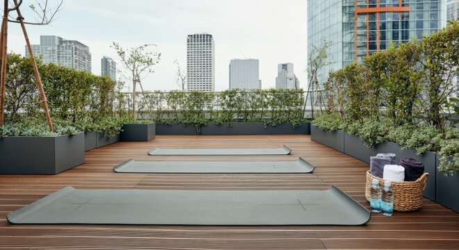 Rooftop yoga area with mats, plants, and city view