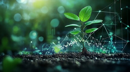 Biotechnology Concept with Plant and DNA Helix, A young plant growing with a digital DNA helix overlay, symbolizing biotechnology